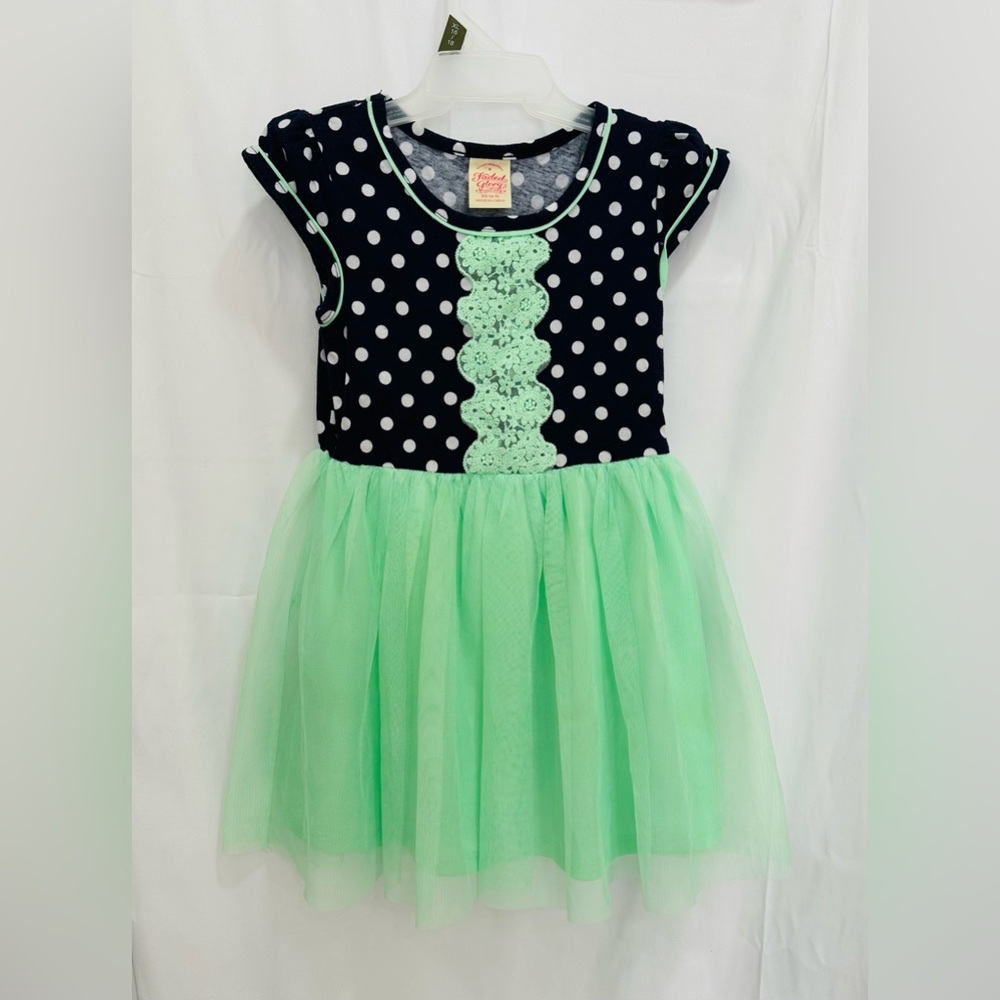 Faded Glory Girls 4/5 Short Sleeve Green/Blue Polka Dot‎ Chiffon Dress